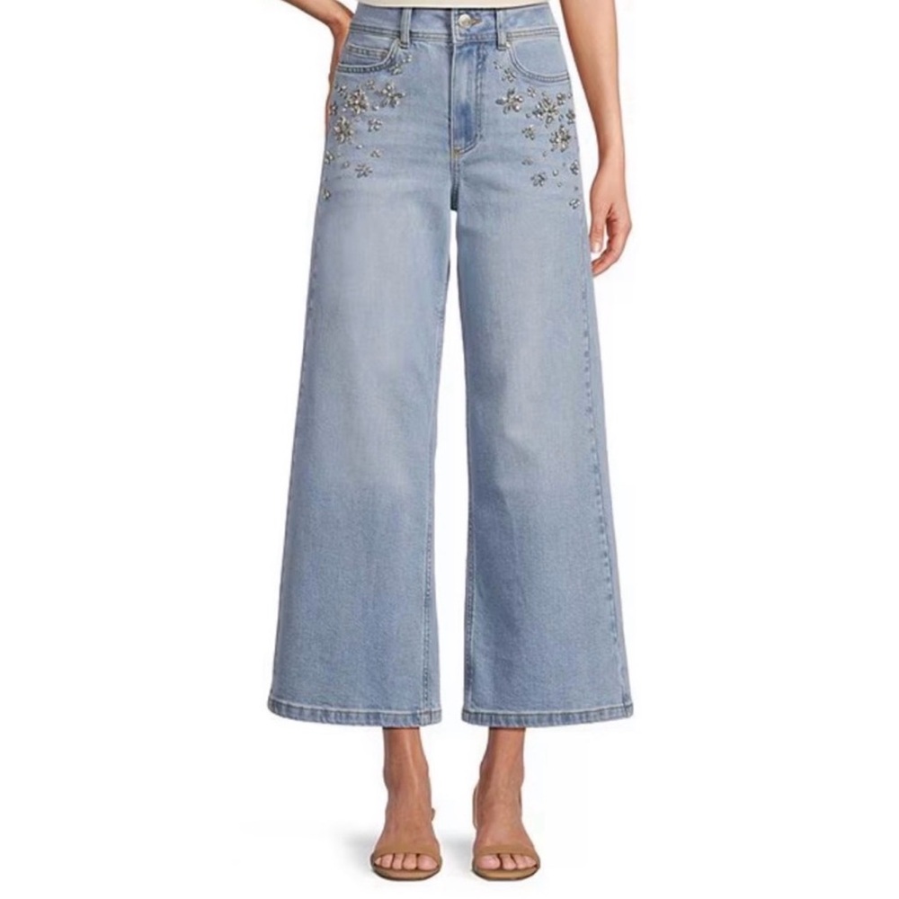 ANTONIO MELANI Light Blue Floral Embellished Wide-Leg Jeans